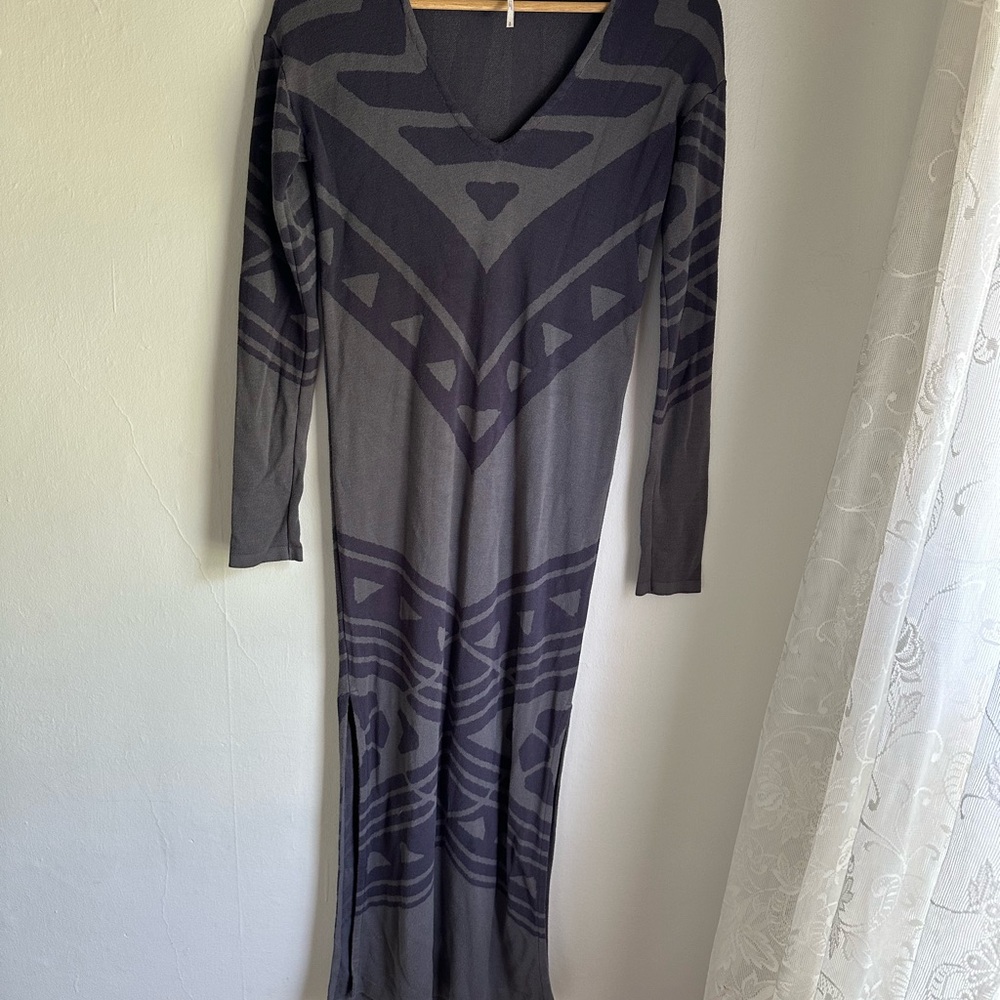 Free People Black and Gray V-Neck Bodycon Maxi Dress